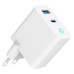 Зарядное устройство Gembird 1xUSB-C PD30W + 1xUSB QC3.0 LED white Фото 1