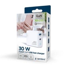 Зарядное устройство Gembird 1xUSB-C PD30W + 1xUSB QC3.0 LED white Фото 4
