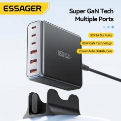 Зарядное устройство Essager 3xUSB-C + 3xUSB-A 85W GaN black Фото 3