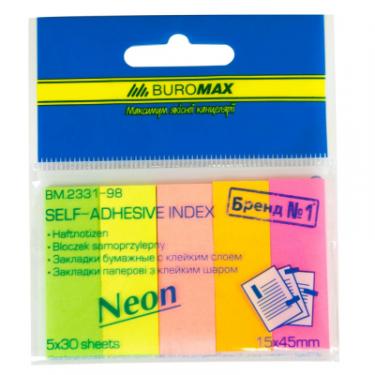 Стикер-закладка Buromax Plastic bookmarks 45x15mm, 5*30шт, rectangles, neo Фото