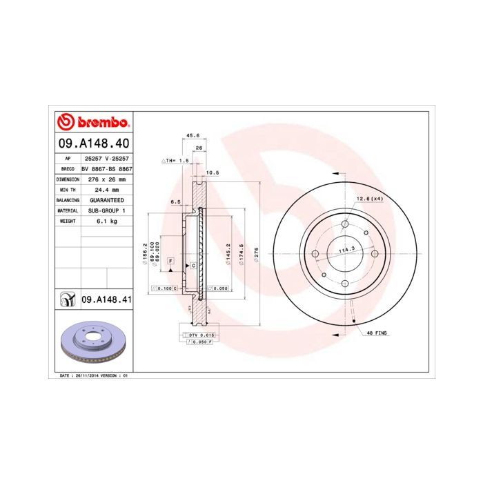 Тормозной диск Brembo 09.A148.41 Фото