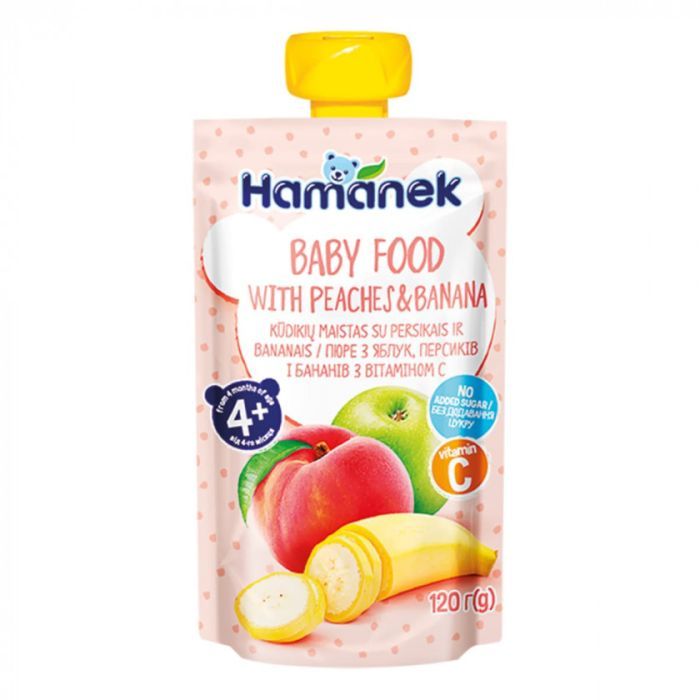 Детское пюре Hamanek Яблоко Персик Банан, 120 г Фото