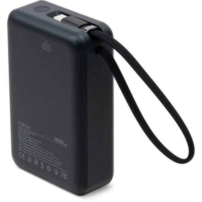Батарея универсальная Vinga 20000 mAh 65W Display USB-C Cable Grey Фото 2