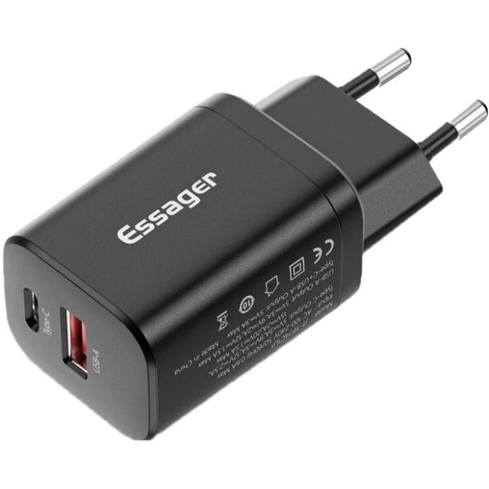 Зарядное устройство Essager 1xUSB + 1xUSB-C PD30W black Фото